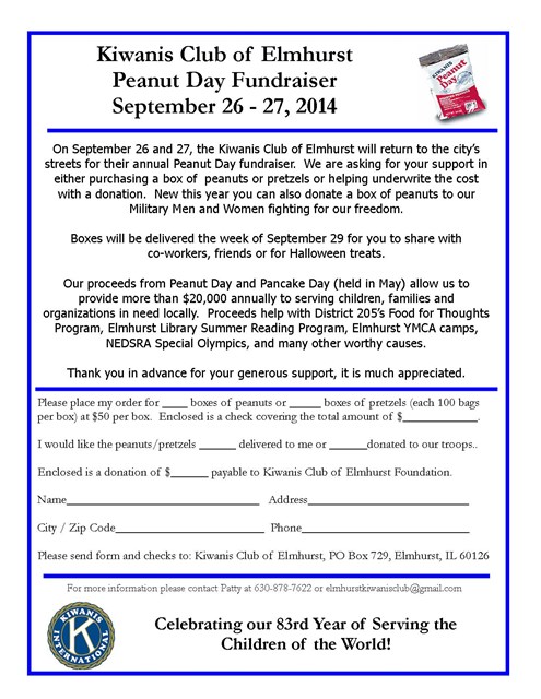 Kiwanis Club of Elmhurst Peanut Day Fundraiser, September 26 – 27, 2014